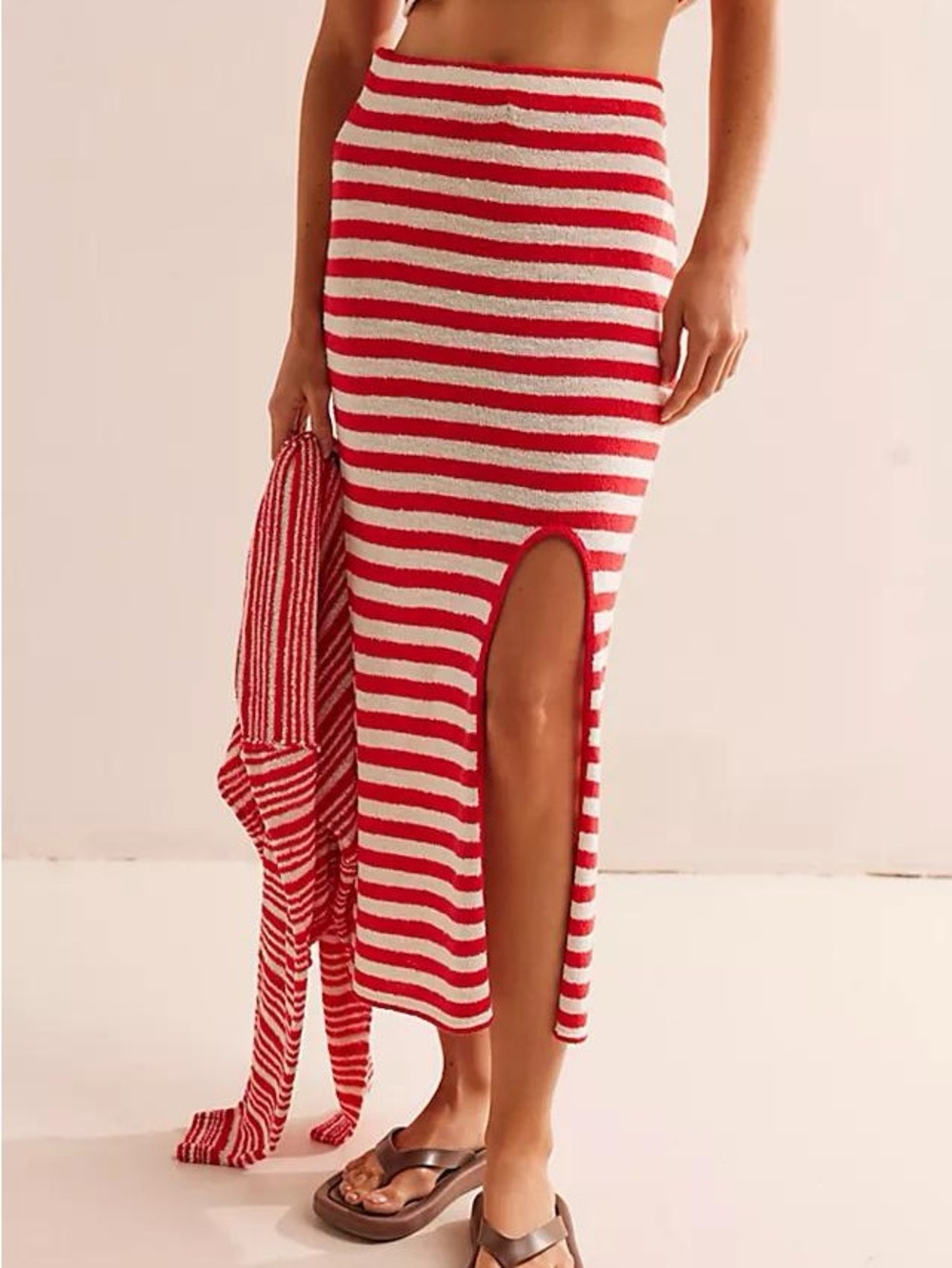 302. Free People Bailey Sweater Co-Ord Midi Terry Cloth Skirt Stripes Red White